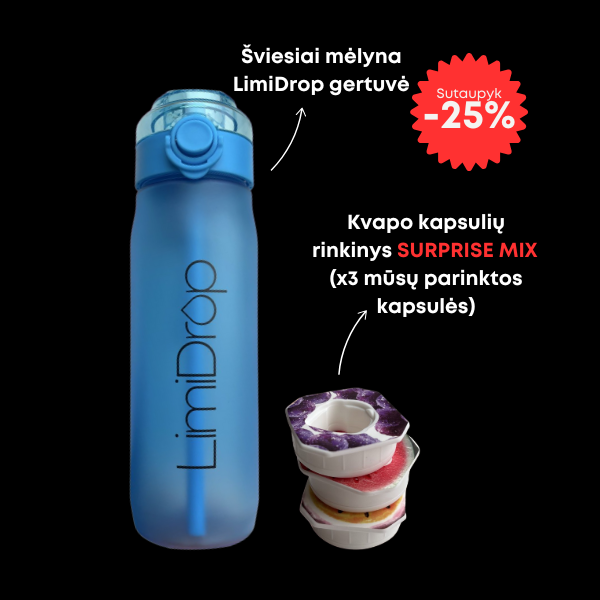 Rinkinys: šviesiai mėlyna LimiDrop gertuvė + 3 skonio kapsulės