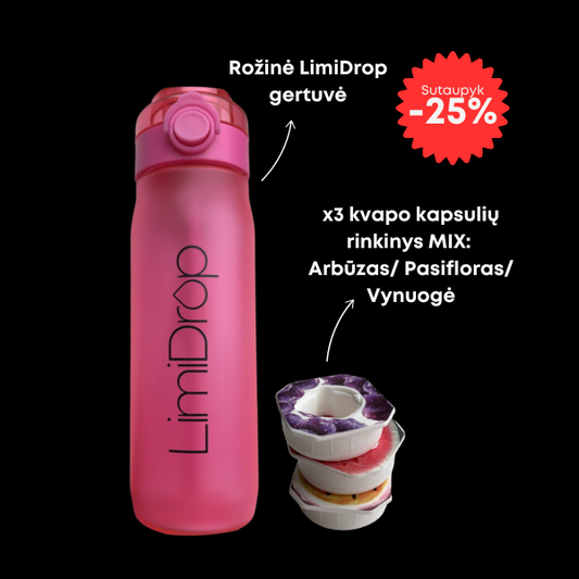 Rinkinys: rožinė LimiDrop gertuvė + 3 skonio kapsulės